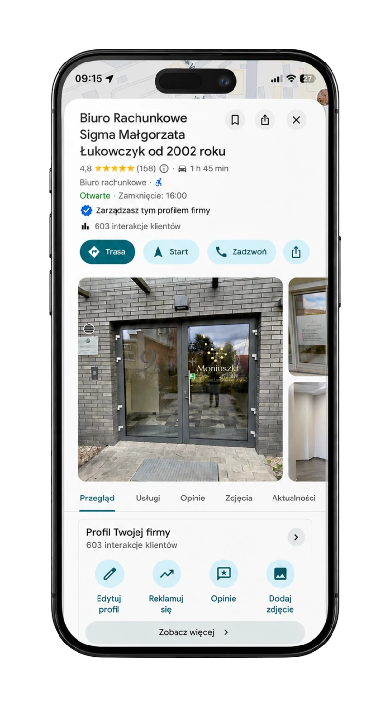 Profil Firmy w Google biura rachunkowego na telefonie