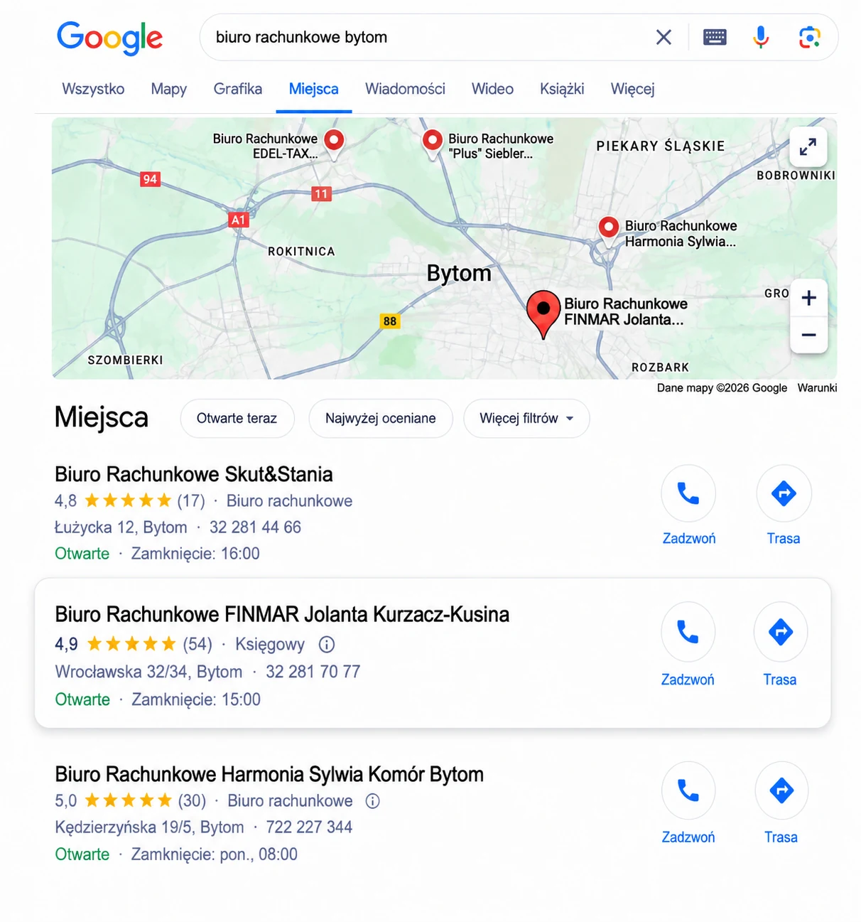 Wyniki wyszukiwania biur rachunkowych w Google z wyróżnioną wizytówką
